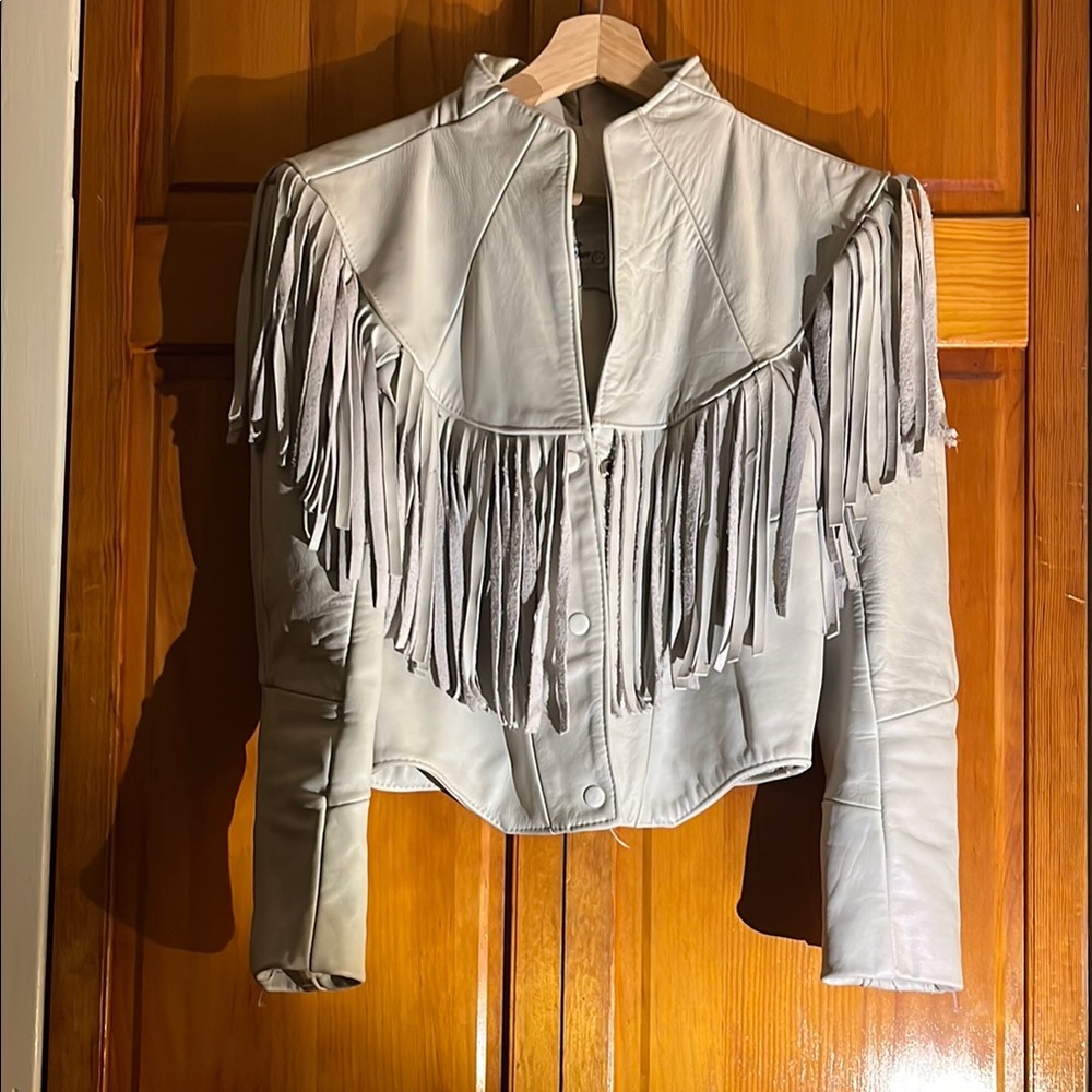 Vintage White Leather Jacket with Fringe and Western Style EUC